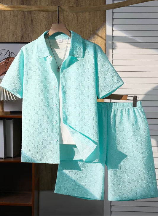 2-teiliges Kurzarmhemd und Shorts Set, mit 3D-Musterdesign, Sommerliches Freizeit Kurzarmhema und Shorts Set
