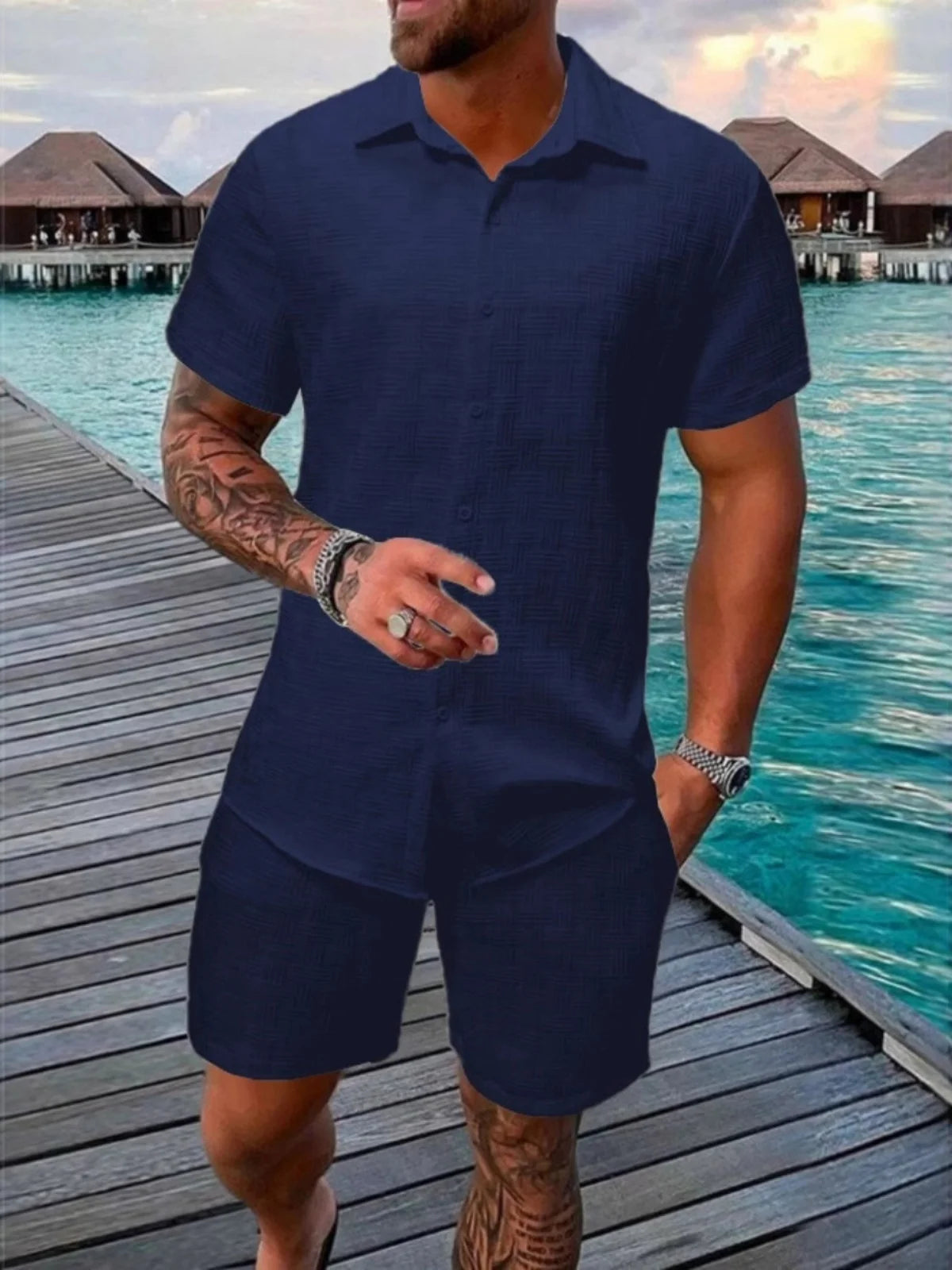 New Model Summer Men'S Casual Beach Outfit Stylish Sporty Comfortable Shirt with Collar Short Sleeves Shorts Two-Piece Set