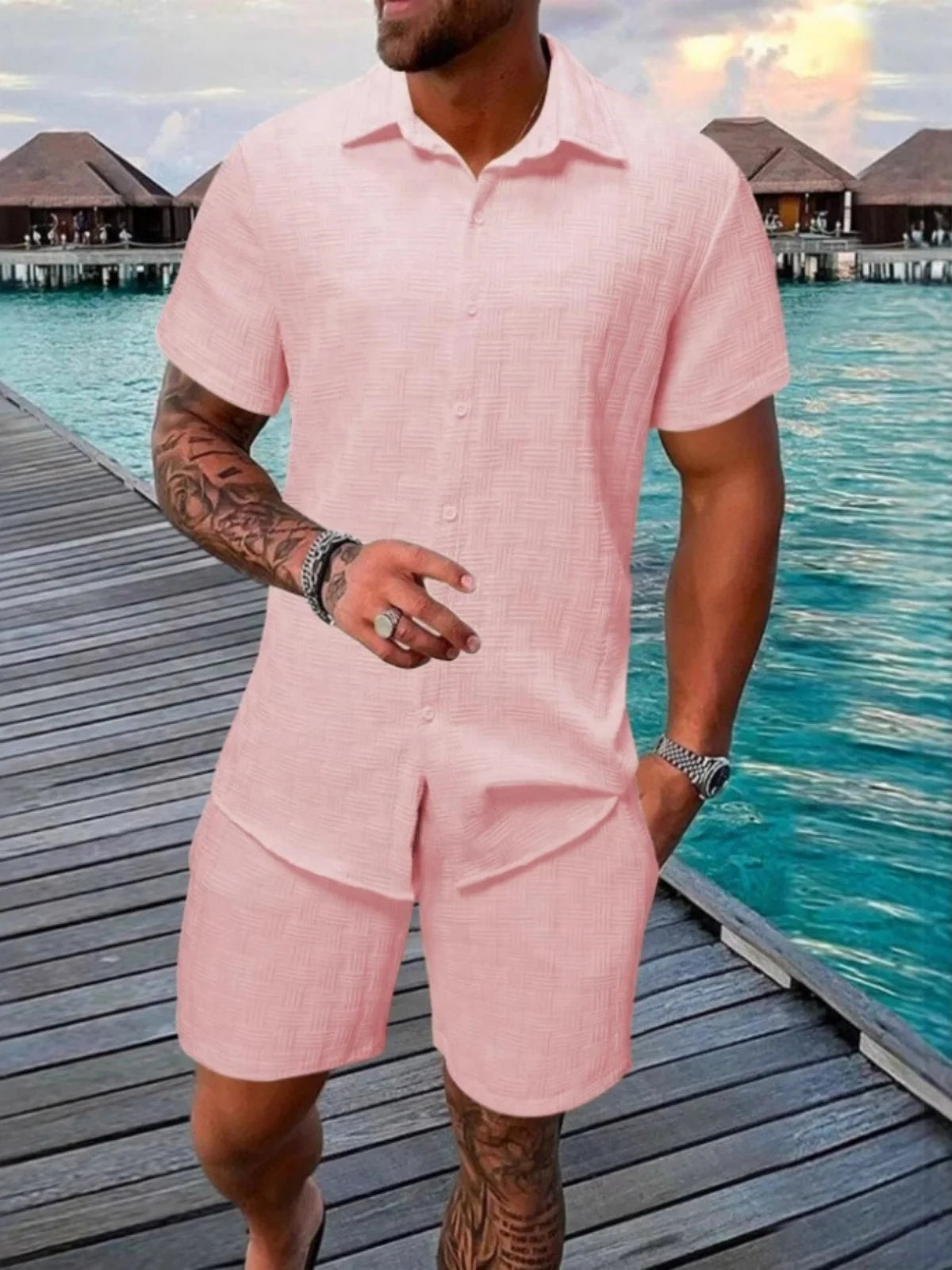 New Model Summer Men'S Casual Beach Outfit Stylish Sporty Comfortable Shirt with Collar Short Sleeves Shorts Two-Piece Set
