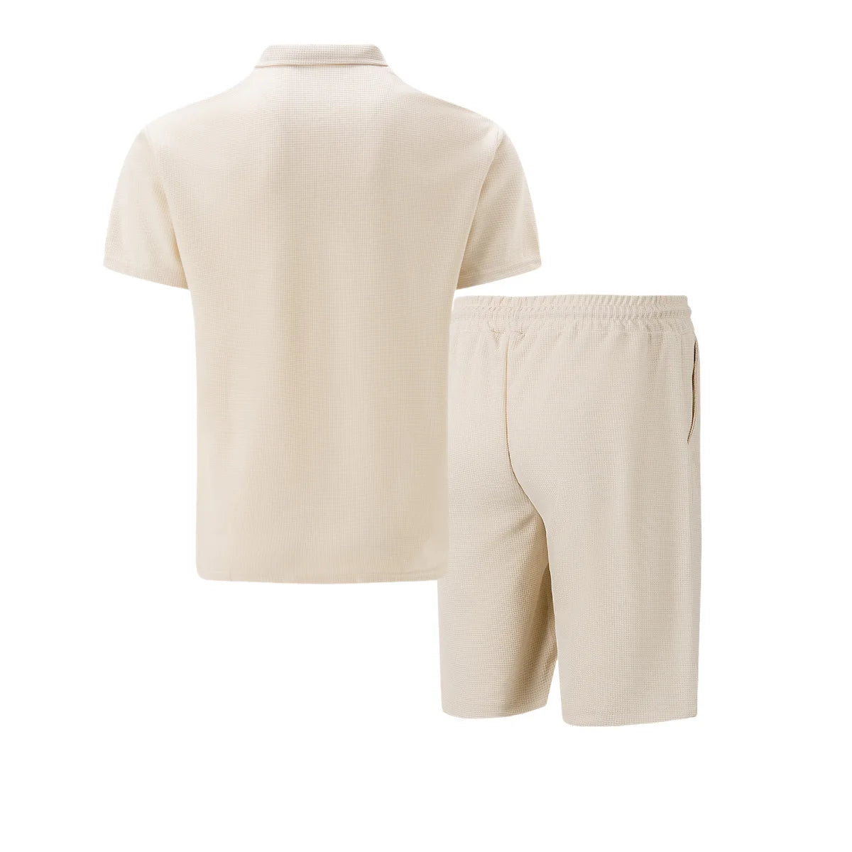 2025 Men Europe and the United States New Summer Waffle Solid Color Zip-Up Lapel Short-Sleeve Suit Shorts Two Sets