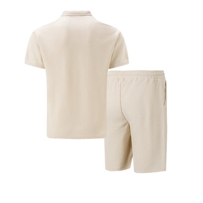 2025 Men Europe and the United States New Summer Waffle Solid Color Zip-Up Lapel Short-Sleeve Suit Shorts Two Sets