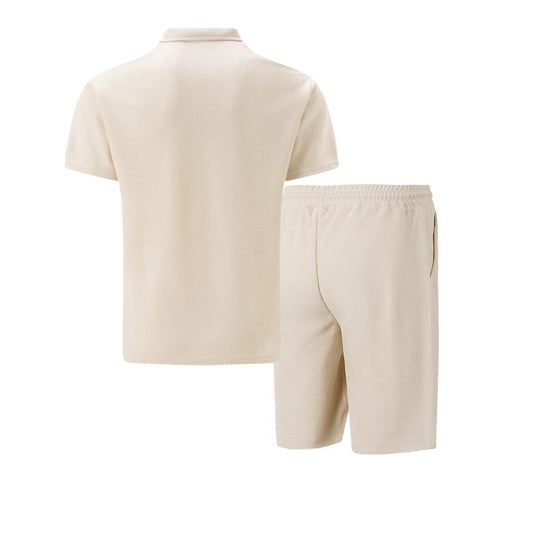 2025 Men Europe and the United States New Summer Waffle Solid Color Zip-Up Lapel Short-Sleeve Suit Shorts Two Sets