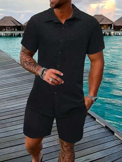 New Model Summer Men'S Casual Beach Outfit Stylish Sporty Comfortable Shirt with Collar Short Sleeves Shorts Two-Piece Set