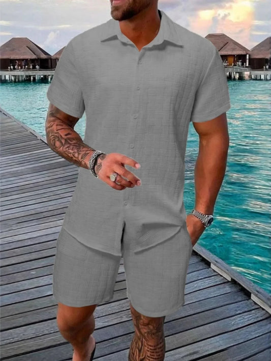 New Model Summer Men'S Casual Beach Outfit Stylish Sporty Comfortable Shirt with Collar Short Sleeves Shorts Two-Piece Set