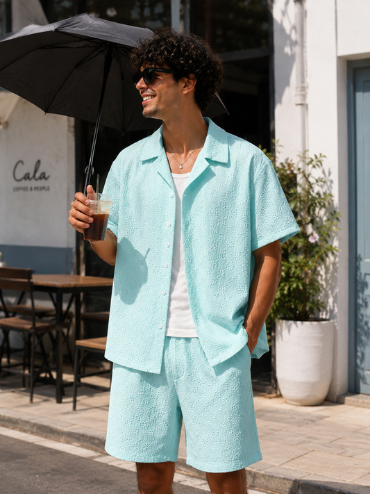 2-teiliges Kurzarmhemd und Shorts Set, mit 3D-Musterdesign, Sommerliches Freizeit Kurzarmhema und Shorts Set