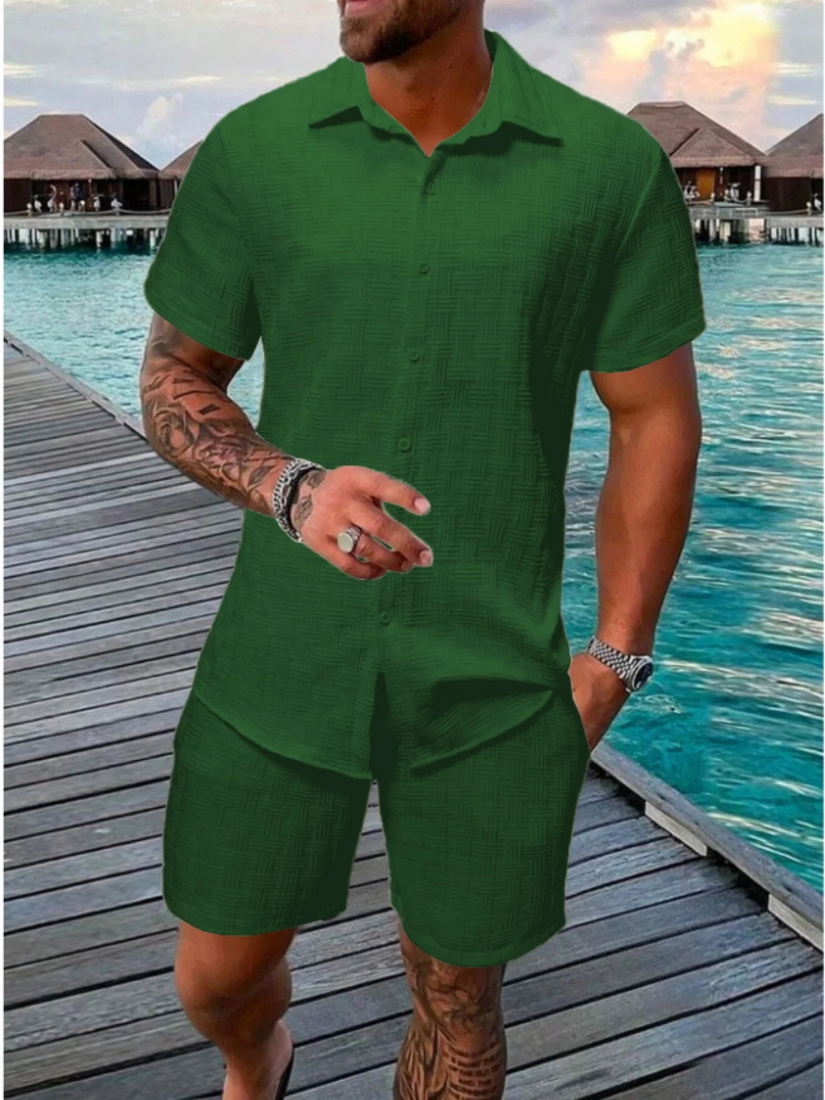 New Model Summer Men'S Casual Beach Outfit Stylish Sporty Comfortable Shirt with Collar Short Sleeves Shorts Two-Piece Set