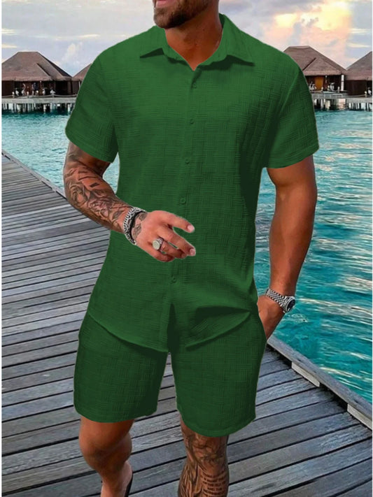New Model Summer Men'S Casual Beach Outfit Stylish Sporty Comfortable Shirt with Collar Short Sleeves Shorts Two-Piece Set